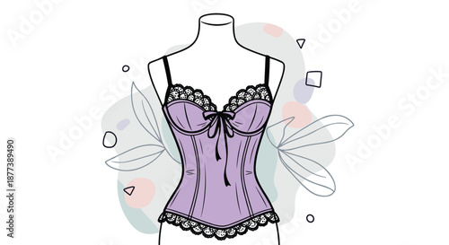 Elegant purple corset with black lace trim displayed on a mannequin with abstract shapes and leaves in the background.