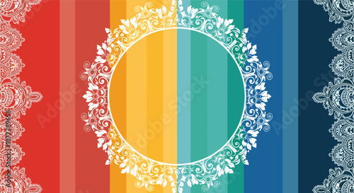Ornate circular lace frame centered on a vibrant rainbow striped background with matching vertical lace borders.