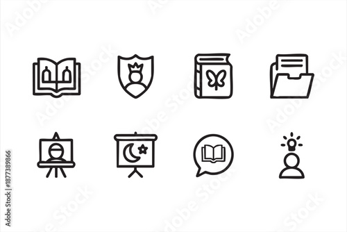 Storybook and fairytale UI icons for children learning apps and reading tools