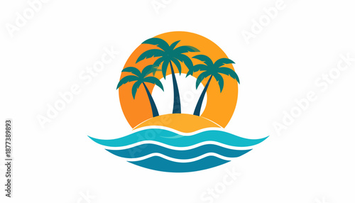 Tropical island vacation paradise with palm trees and ocean waves, a serene beach escape
