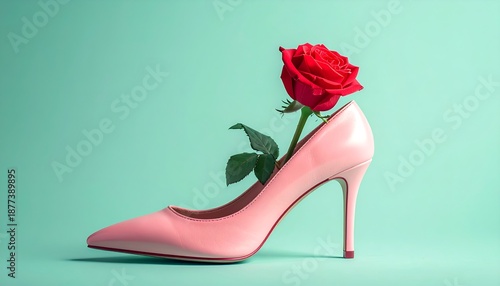 A surreal and elegant paradox a vibrant red rose gracefully blossoms from a chic pink high-heeled shoe, creating a striking visual
