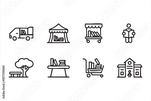 Community library UI icons for book delivery and mobile reading programs