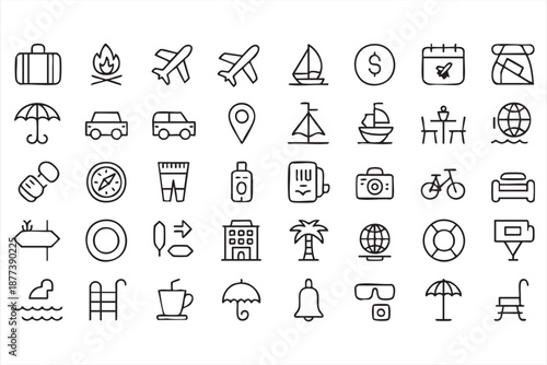 Travel and vacation UI icons for booking apps and tourism dashboards