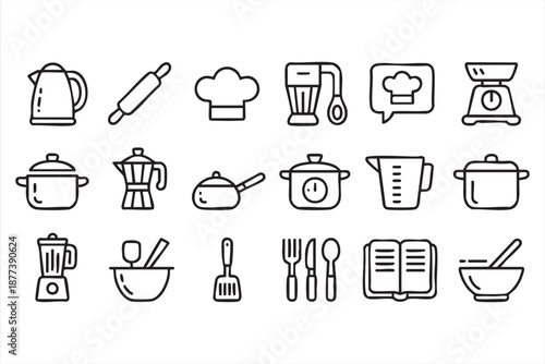 Kitchen cooking UI icons for recipe apps and culinary management dashboards