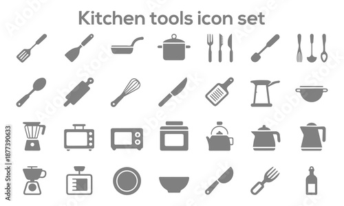 Kitchen Tools Icon Set Featuring Spatula Pan Pot Cutlery Whisk Rolling Pin Blender Microwave Kettle For Professional Culinary Projects
