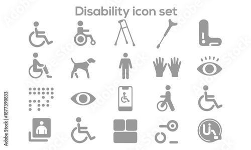 Disability Icon Set Featuring Accessibility Symbols For Mobility Visual Hearing And Mental Health Support For Inclusive Graphic Design Projects
