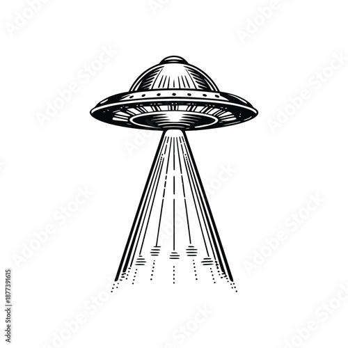 Black and white vintage illustration of a UFO flying saucer hand drawn vector style
