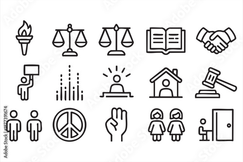 Justice and law UI icons for legal platforms and rights management systems