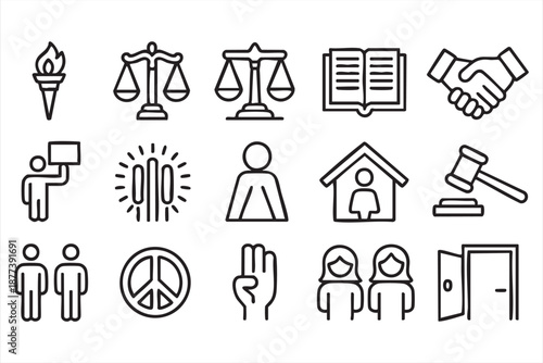 Legal rights interface icons for equality policy and governance dashboards