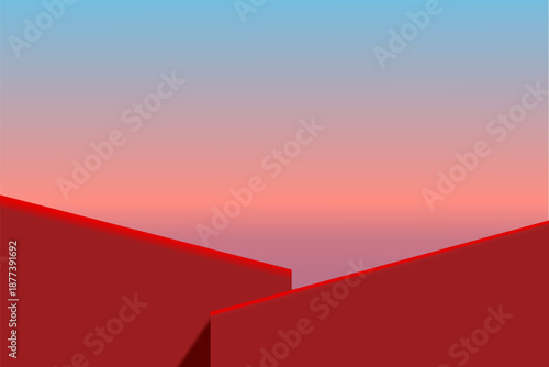 Minimal empty two podium red or stage, dais, on sunset sky background. Vector illustration design for product display, cosmetic presentation