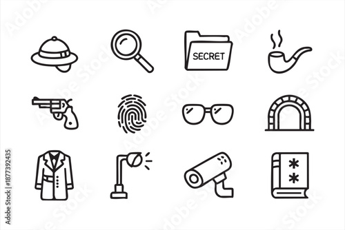 Investigation UI icons for evidence tracking, case management, crime analysis tools