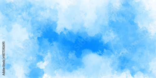 Abstract background with panorama of blue sky and white cloud nature design. horizon spring morning sky with clouds background. hand painted watercolor shades sky clouds.