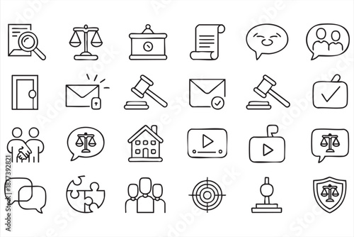 Law and regulation icon set for governance dashboards, policy platforms