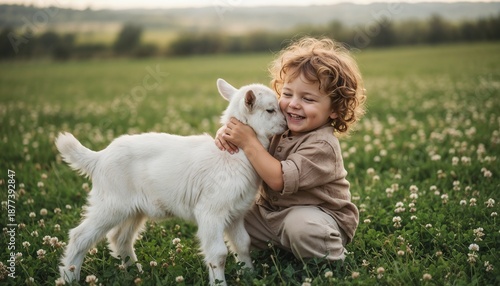 Little boy hugging a baby goat in a grassy field during sunset