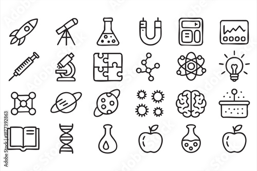 Science experiment icon set for analytics tools, lab management platforms