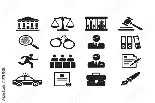 Justice and crime symbols for legal portals, investigation platforms, court apps