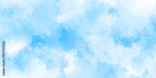 Abstract background with panorama of blue sky and white cloud nature design. horizon spring morning sky with clouds background. hand painted watercolor shades sky clouds.