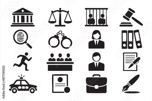 Police and courtroom UI icons for case tracking, legal operations systems