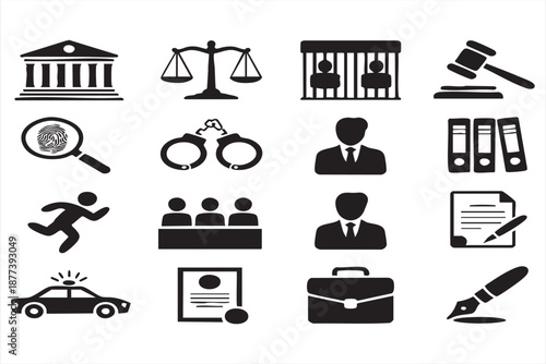 Law and justice icon set for attorney tools, compliance dashboards