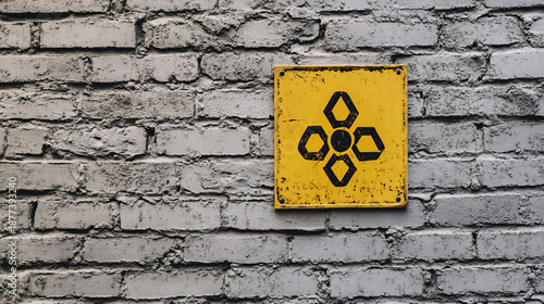 Radioactive sign on gray brick wall background