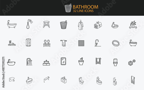Set of 32 line art icons representing bathroom elements and hygiene bathtub shower head