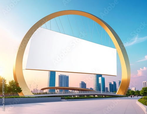Iconic Giant Horizontal Billboard Mockup on Golden Arch Structure in Modern City Public Park