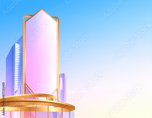 Futuristic Vertical Billboard Mockup in Modern City with Gold Frames and Blue Sky Background