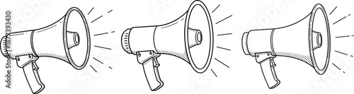 Megaphone loudspeaker icons set in hand drawn outline style communication announcement vector illustration isolated on white background