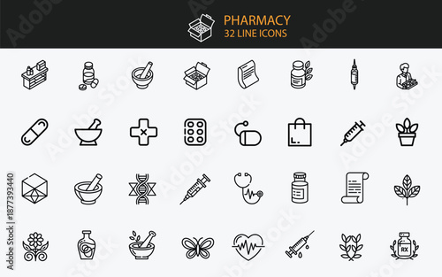 Pharmacy and medical line icons set on white background Keywords: pharmacy, medical, icons, set