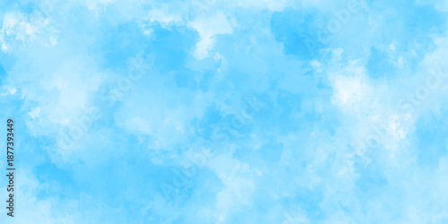 Abstract background with panorama of blue sky and white cloud nature design. horizon spring morning sky with clouds background. hand painted watercolor shades sky clouds.