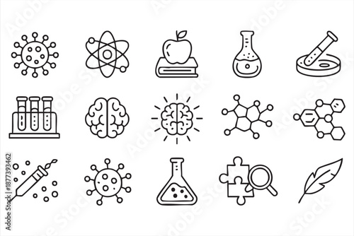 Science learning UI icons for experiment tracking, research portals, school systems