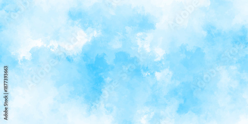 Abstract background with panorama of blue sky and white cloud nature design. horizon spring morning sky with clouds background. hand painted watercolor shades sky clouds.