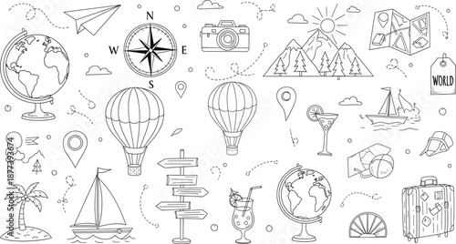 Travel and adventure hand drawn doodle set with maps globes compass hot air balloons and vacation symbols vector illustration