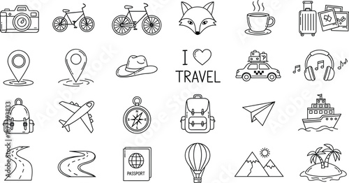 I love travel hand drawn icon set with transportation luggage maps and adventure symbols doodle vector illustration