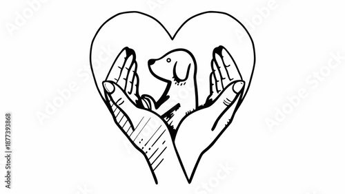 Hands cradling a dog in a heart shape, conveying love and care for animals from a caring perspective.