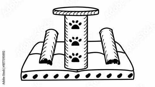 A cat play gym with scratched posts and a central column stands ready for feline fun indoors