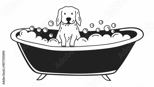 A dog sits in a bathtub filled with bubbles, looking directly at the viewer as it enjoys a relaxing bath surrounded by soap suds.
