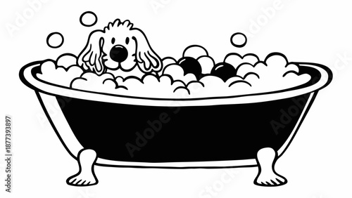 A playful dog enjoys a relaxing bath surrounded by bubbles in a tub viewed from the front