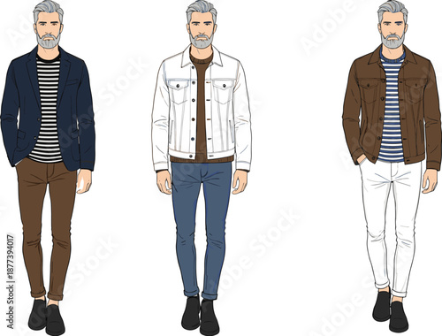 Stylish mature man fashion outfits collection with casual jackets jeans and striped shirts modern male vector illustration isolated on white background