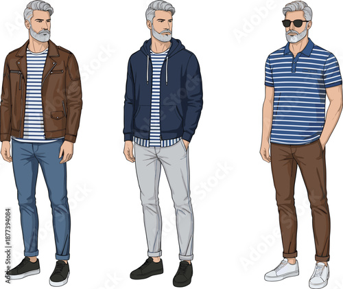 Stylish mature man casual fashion outfits set with jackets hoodies polo shirts and jeans modern male vector illustration isolated on white background