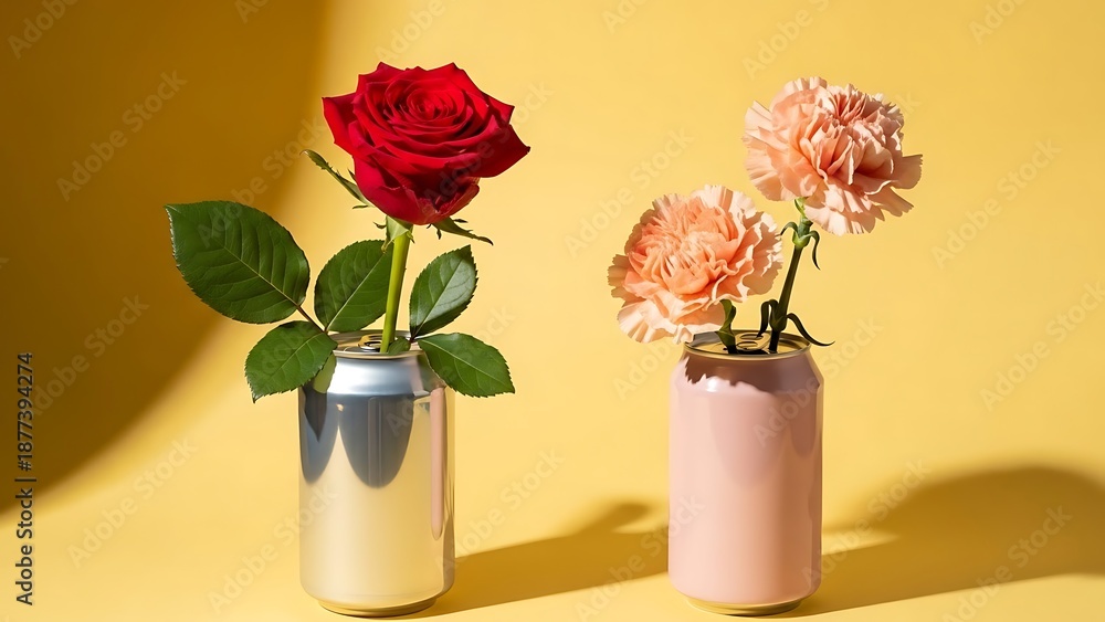 Obraz premium Two flower bouquets in decorative vases on yellow background
