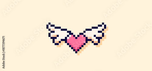 Pixel art pink heart with white angel wings.