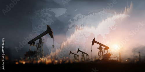 Oil extraction pump jacks against a backdrop of a rising stock market