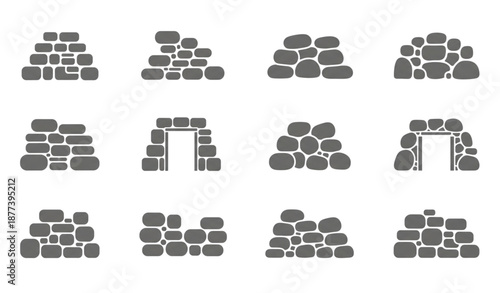 Minimal stone wall icons flat vector rustic building set isolated on transparent background