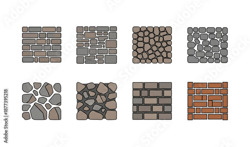 Stone walls flat vector icon set architectural building illustration isolated on transparent background