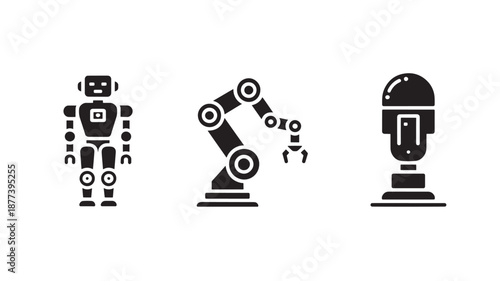 Vector Illustration Of Industrial Robot, Robotic Arm And Cyborg For Technology And Innovation Concept