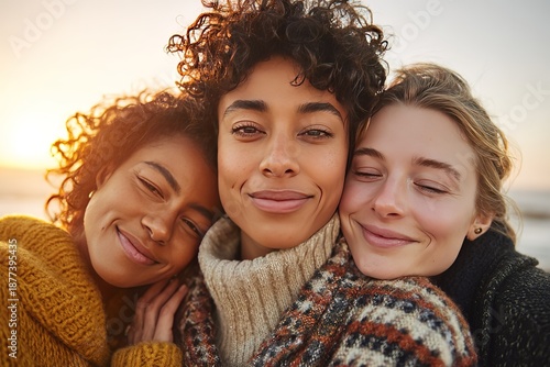 Three women cuddling closely at sunset: Warm friendship scene, outdoor portrait material

