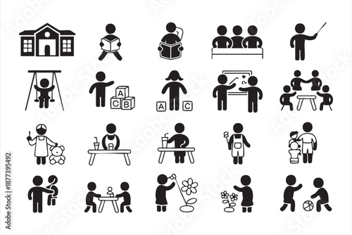 Kindergarten classroom UI icons for teaching tools, education apps