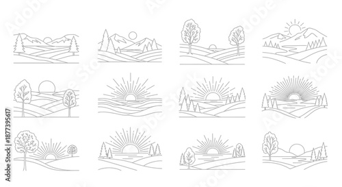 Simple line art landscape scenes