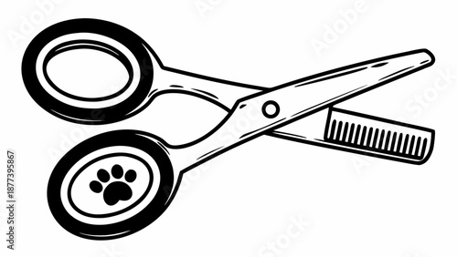 Grooming scissors with paw print design on handle cutting dog fur illustration